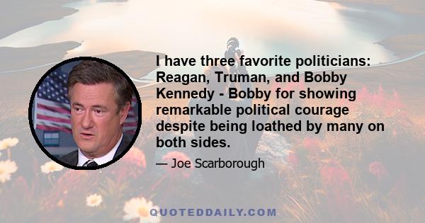 I have three favorite politicians: Reagan, Truman, and Bobby Kennedy - Bobby for showing remarkable political courage despite being loathed by many on both sides.