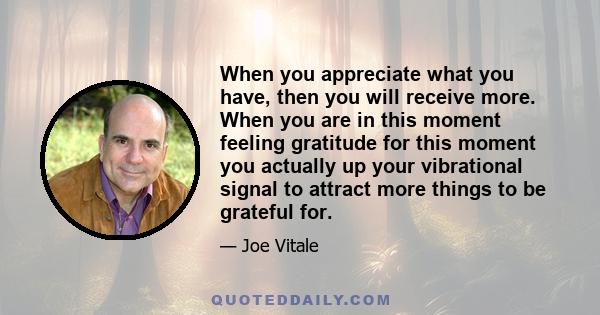 When you appreciate what you have, then you will receive more. When you are in this moment feeling gratitude for this moment you actually up your vibrational signal to attract more things to be grateful for.