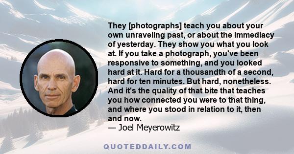 They [photographs] teach you about your own unraveling past, or about the immediacy of yesterday. They show you what you look at. If you take a photograph, you've been responsive to something, and you looked hard at it. 