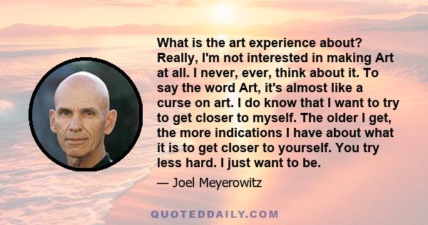 What is the art experience about? Really, I'm not interested in making Art at all. I never, ever, think about it. To say the word Art, it's almost like a curse on art. I do know that I want to try to get closer to