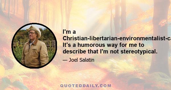 I'm a Christian-libertarian-environmentalist-capitalist-lunatic. It's a humorous way for me to describe that I'm not stereotypical.