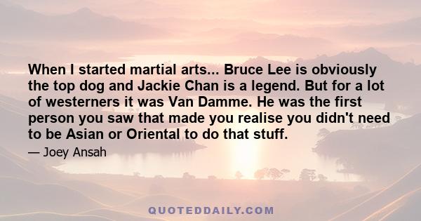 When I started martial arts... Bruce Lee is obviously the top dog and Jackie Chan is a legend. But for a lot of westerners it was Van Damme. He was the first person you saw that made you realise you didn't need to be