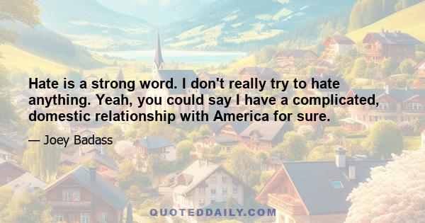 Hate is a strong word. I don't really try to hate anything. Yeah, you could say I have a complicated, domestic relationship with America for sure.