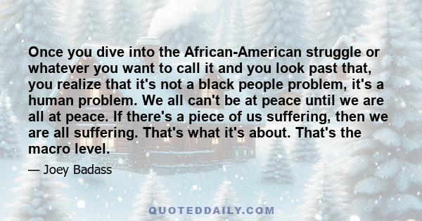 Once you dive into the African-American struggle or whatever you want to call it and you look past that, you realize that it's not a black people problem, it's a human problem. We all can't be at peace until we are all