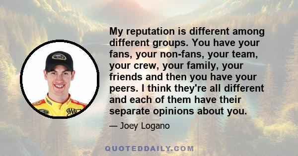 My reputation is different among different groups. You have your fans, your non-fans, your team, your crew, your family, your friends and then you have your peers. I think they're all different and each of them have