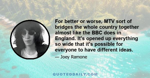 For better or worse, MTV sort of bridges the whole country together almost like the BBC does in England. It's opened up everything so wide that it's possible for everyone to have different ideas.