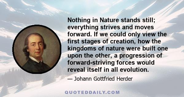 Nothing in Nature stands still; everything strives and moves forward. If we could only view the first stages of creation, how the kingdoms of nature were built one upon the other, a progression of forward-striving