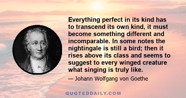 Everything perfect in its kind has to transcend its own kind, it must become something different and incomparable. In some notes the nightingale is still a bird; then it rises above its class and seems to suggest to