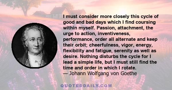 I must consider more closely this cycle of good and bad days which I find coursing within myself. Passion, attachment, the urge to action, inventiveness, performance, order all alternate and keep their orbit;