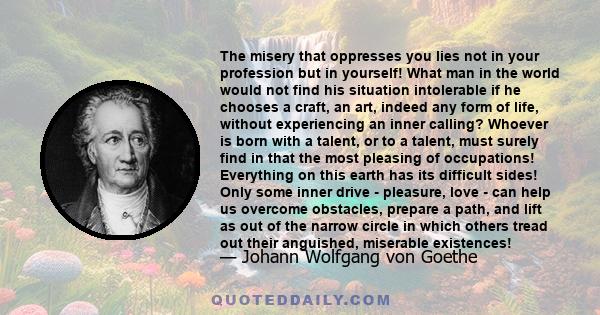 The misery that oppresses you lies not in your profession but in yourself! What man in the world would not find his situation intolerable if he chooses a craft, an art, indeed any form of life, without experiencing an