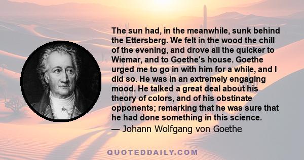 The sun had, in the meanwhile, sunk behind the Ettersberg. We felt in the wood the chill of the evening, and drove all the quicker to Wiemar, and to Goethe's house. Goethe urged me to go in with him for a while, and I