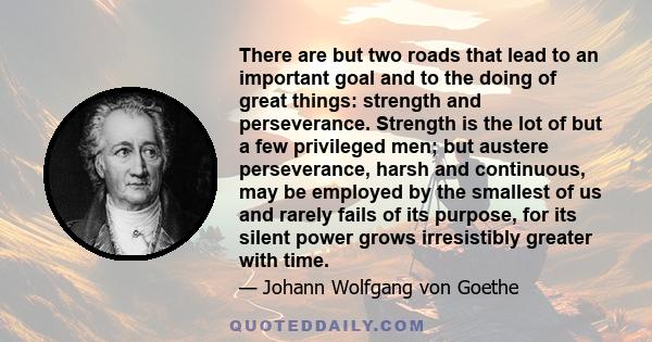 There are but two roads that lead to an important goal and to the doing of great things: strength and perseverance. Strength is the lot of but a few privileged men; but austere perseverance, harsh and continuous, may be 