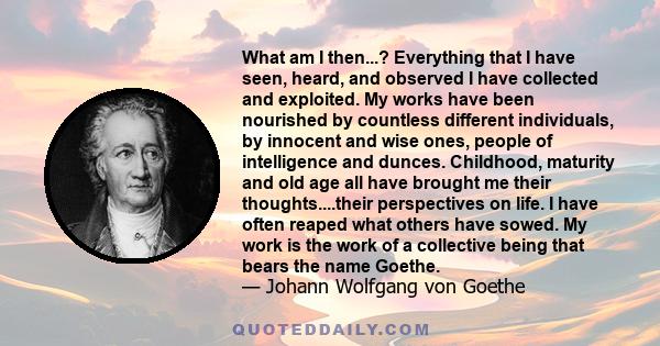 What am I then...? Everything that I have seen, heard, and observed I have collected and exploited. My works have been nourished by countless different individuals, by innocent and wise ones, people of intelligence and