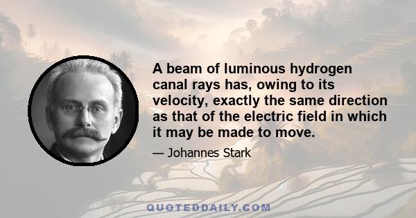 A beam of luminous hydrogen canal rays has, owing to its velocity, exactly the same direction as that of the electric field in which it may be made to move.