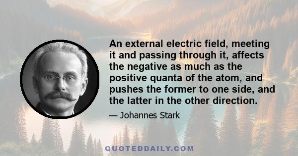 An external electric field, meeting it and passing through it, affects the negative as much as the positive quanta of the atom, and pushes the former to one side, and the latter in the other direction.