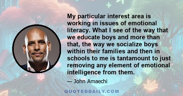 My particular interest area is working in issues of emotional literacy. What I see of the way that we educate boys and more than that, the way we socialize boys within their families and then in schools to me is