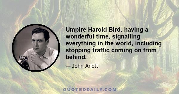 Umpire Harold Bird, having a wonderful time, signalling everything in the world, including stopping traffic coming on from behind.