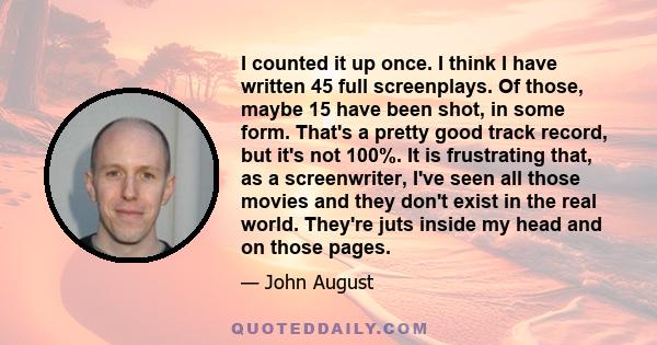 I counted it up once. I think I have written 45 full screenplays. Of those, maybe 15 have been shot, in some form. That's a pretty good track record, but it's not 100%. It is frustrating that, as a screenwriter, I've