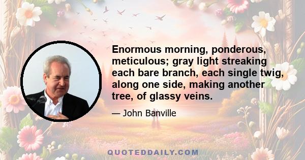 Enormous morning, ponderous, meticulous; gray light streaking each bare branch, each single twig, along one side, making another tree, of glassy veins.