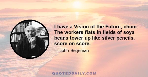 I have a Vision of the Future, chum. The workers flats in fields of soya beans tower up like silver pencils, score on score.