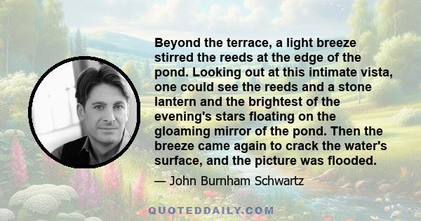 Beyond the terrace, a light breeze stirred the reeds at the edge of the pond. Looking out at this intimate vista, one could see the reeds and a stone lantern and the brightest of the evening's stars floating on the