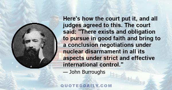 Here's how the court put it, and all judges agreed to this. The court said: There exists and obligation to pursue in good faith and bring to a conclusion negotiations under nuclear disarmament in all its aspects under