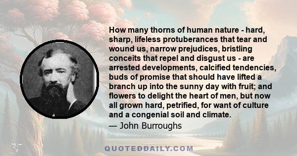 How many thorns of human nature - hard, sharp, lifeless protuberances that tear and wound us, narrow prejudices, bristling conceits that repel and disgust us - are arrested developments, calcified tendencies, buds of