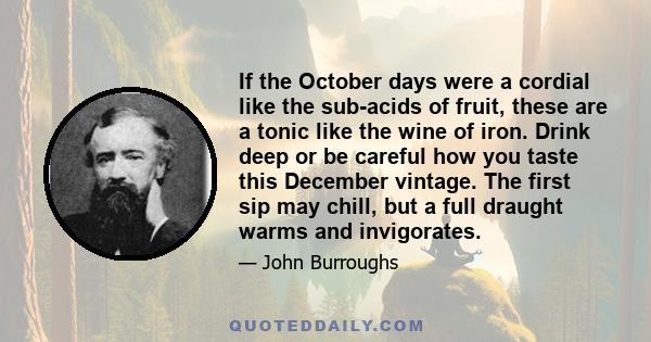 If the October days were a cordial like the sub-acids of fruit, these are a tonic like the wine of iron. Drink deep or be careful how you taste this December vintage. The first sip may chill, but a full draught warms