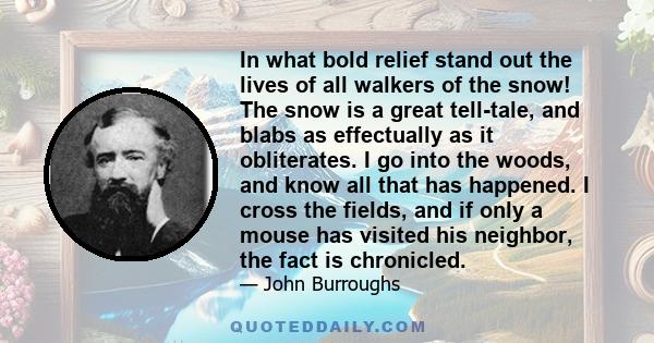 In what bold relief stand out the lives of all walkers of the snow! The snow is a great tell-tale, and blabs as effectually as it obliterates. I go into the woods, and know all that has happened. I cross the fields, and 