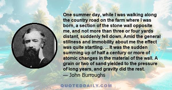 One summer day, while I was walking along the country road on the farm where I was born, a section of the stone wall opposite me, and not more than three or four yards distant, suddenly fell down. Amid the general