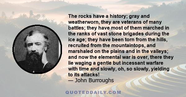 The rocks have a history; gray and weatherworn, they are veterans of many battles; they have most of them marched in the ranks of vast stone brigades during the ice age; they have been torn from the hills, recruited