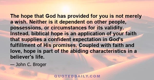 The hope that God has provided for you is not merely a wish. Neither is it dependent on other people, possessions, or circumstances for its validity. Instead, biblical hope is an application of your faith that supplies