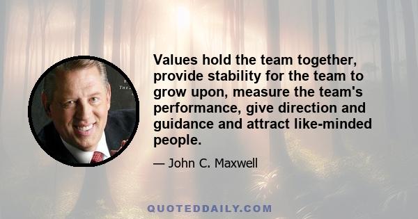 Values hold the team together, provide stability for the team to grow upon, measure the team's performance, give direction and guidance and attract like-minded people.