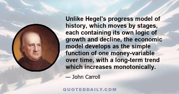 Unlike Hegel's progress model of history, which moves by stages, each containing its own logic of growth and decline, the economic model develops as the simple function of one money-variable over time, with a long-term