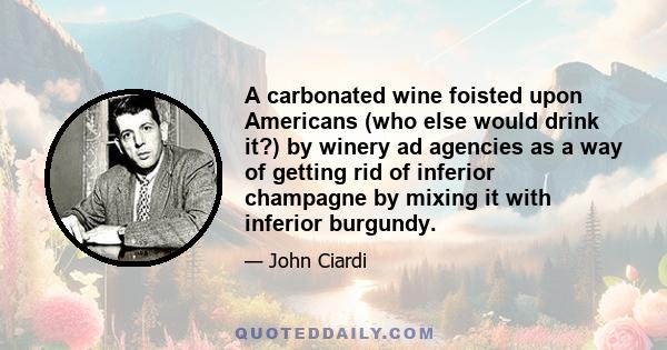 A carbonated wine foisted upon Americans (who else would drink it?) by winery ad agencies as a way of getting rid of inferior champagne by mixing it with inferior burgundy.