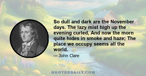 So dull and dark are the November days. The lazy mist high up the evening curled, And now the morn quite hides in smoke and haze; The place we occupy seems all the world.