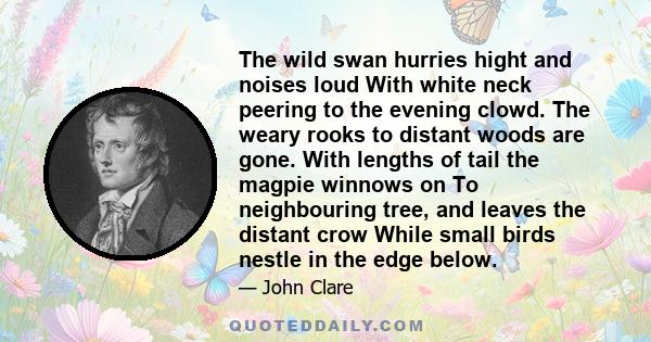 The wild swan hurries hight and noises loud With white neck peering to the evening clowd. The weary rooks to distant woods are gone. With lengths of tail the magpie winnows on To neighbouring tree, and leaves the