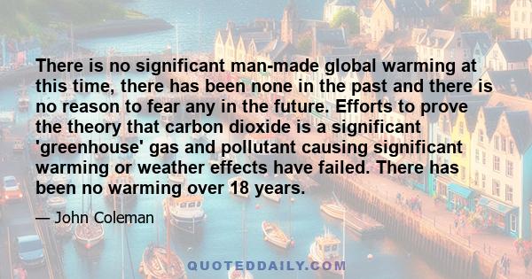 There is no significant man-made global warming at this time, there has been none in the past and there is no reason to fear any in the future. Efforts to prove the theory that carbon dioxide is a significant