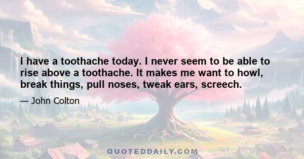 I have a toothache today. I never seem to be able to rise above a toothache. It makes me want to howl, break things, pull noses, tweak ears, screech.