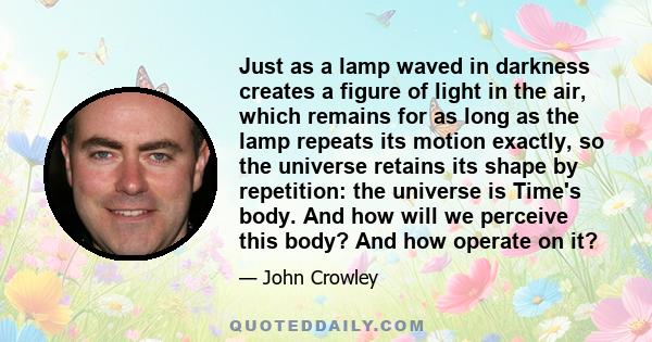 Just as a lamp waved in darkness creates a figure of light in the air, which remains for as long as the lamp repeats its motion exactly, so the universe retains its shape by repetition: the universe is Time's body. And