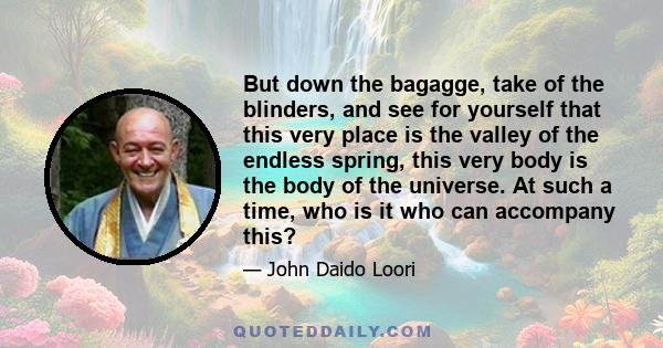 But down the bagagge, take of the blinders, and see for yourself that this very place is the valley of the endless spring, this very body is the body of the universe. At such a time, who is it who can accompany this?