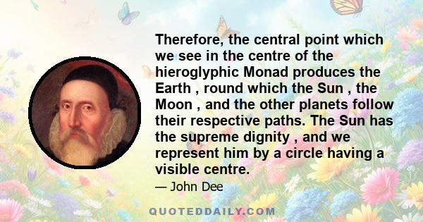 Therefore, the central point which we see in the centre of the hieroglyphic Monad produces the Earth , round which the Sun , the Moon , and the other planets follow their respective paths. The Sun has the supreme