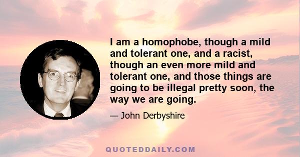 I am a homophobe, though a mild and tolerant one, and a racist, though an even more mild and tolerant one, and those things are going to be illegal pretty soon, the way we are going.