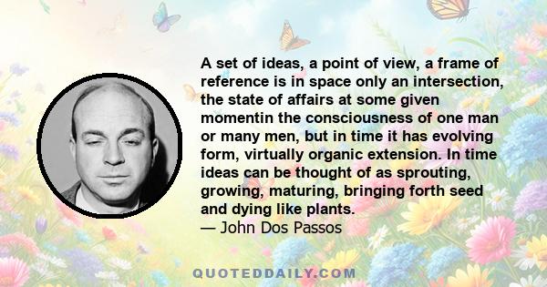 A set of ideas, a point of view, a frame of reference is in space only an intersection, the state of affairs at some given momentin the consciousness of one man or many men, but in time it has evolving form, virtually