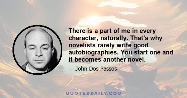 There is a part of me in every character, naturally. That's why novelists rarely write good autobiographies. You start one and it becomes another novel.