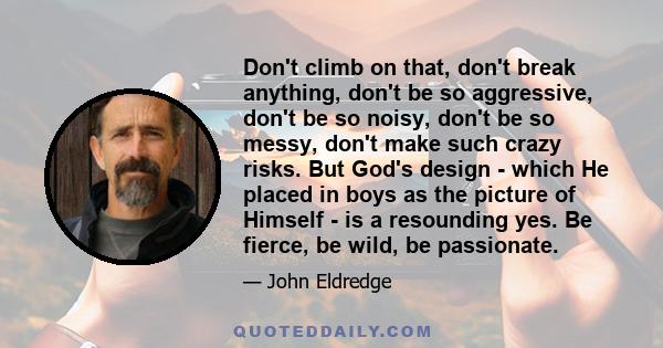 Don't climb on that, don't break anything, don't be so aggressive, don't be so noisy, don't be so messy, don't make such crazy risks. But God's design - which He placed in boys as the picture of Himself - is a