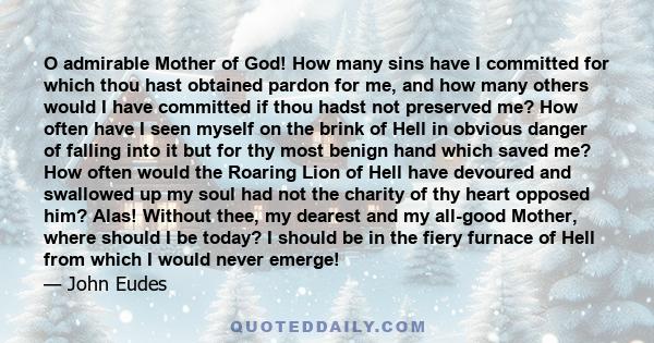 O admirable Mother of God! How many sins have I committed for which thou hast obtained pardon for me, and how many others would I have committed if thou hadst not preserved me? How often have I seen myself on the brink