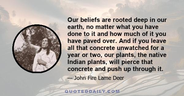 Our beliefs are rooted deep in our earth, no matter what you have done to it and how much of it you have paved over. And if you leave all that concrete unwatched for a year or two, our plants, the native Indian plants,