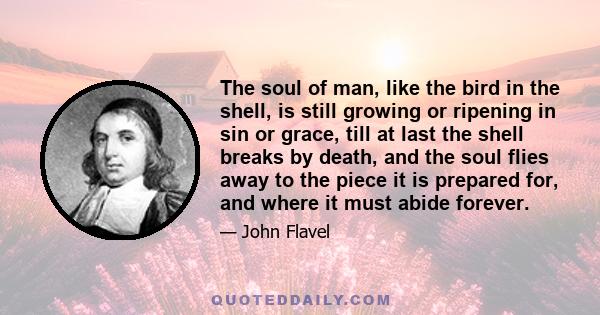 The soul of man, like the bird in the shell, is still growing or ripening in sin or grace, till at last the shell breaks by death, and the soul flies away to the piece it is prepared for, and where it must abide forever.