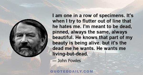 I am one in a row of specimens. It's when I try to flutter out of line that he hates me. I'm meant to be dead, pinned, always the same, always beautiful. He knows that part of my beauty is being alive. but it's the dead 